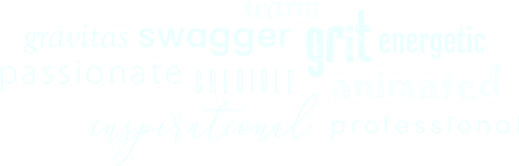 Gravitas, swagger, warm, grit, energetic, passionate, credible, animated, inspirational, professional - Word Cloud describing our female black voiceover talent